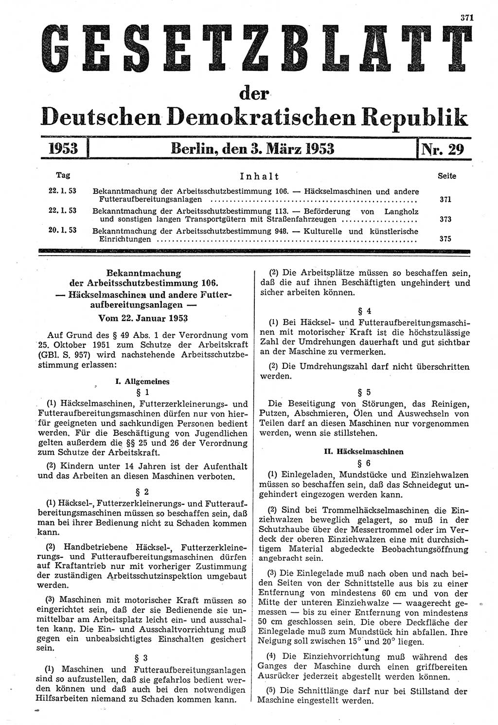 Gesetzblatt (GBl.) der Deutschen Demokratischen Republik (DDR) 1953, Seite 371 (GBl. DDR 1953, S. 371)