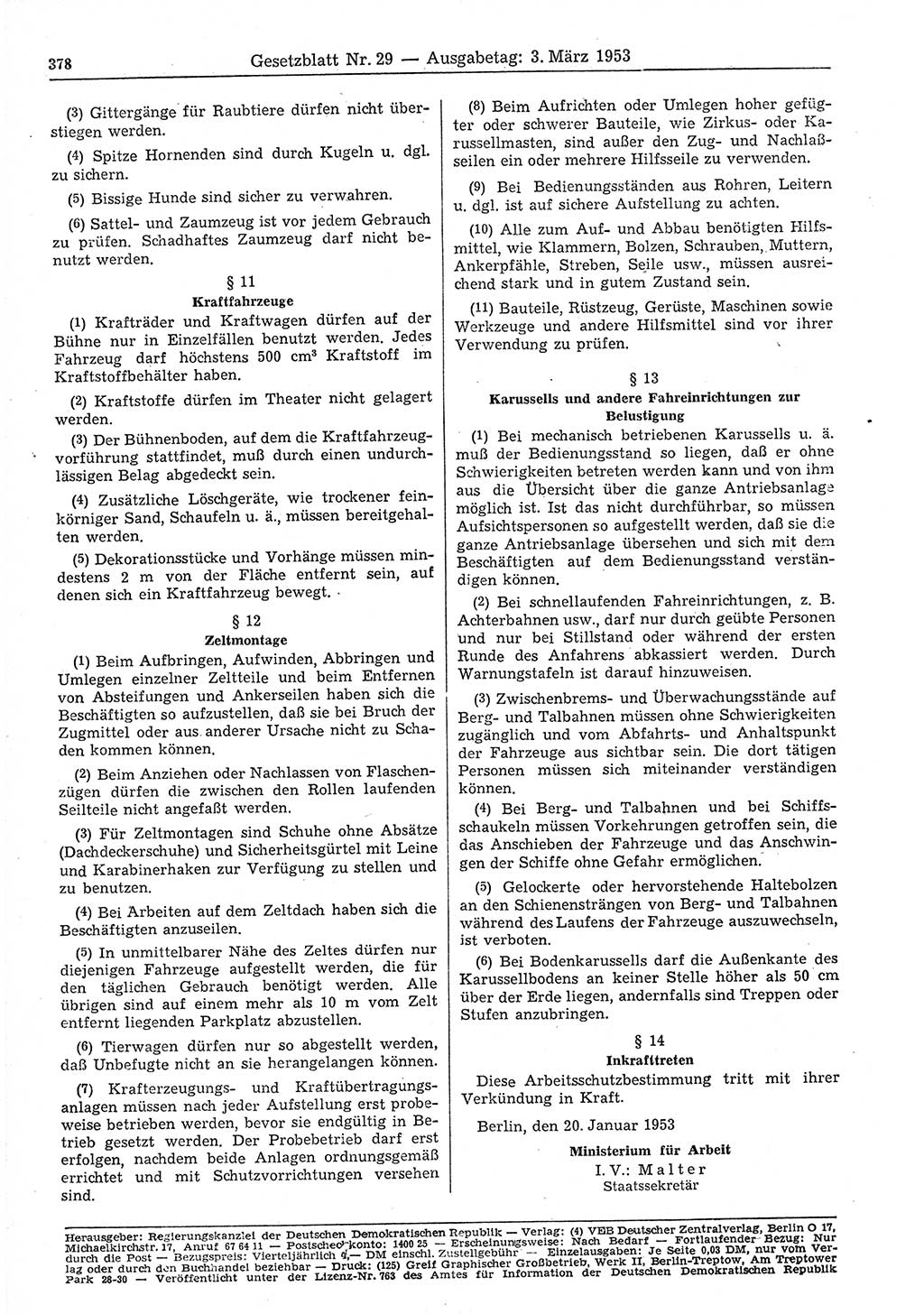 Gesetzblatt (GBl.) der Deutschen Demokratischen Republik (DDR) 1953, Seite 378 (GBl. DDR 1953, S. 378)