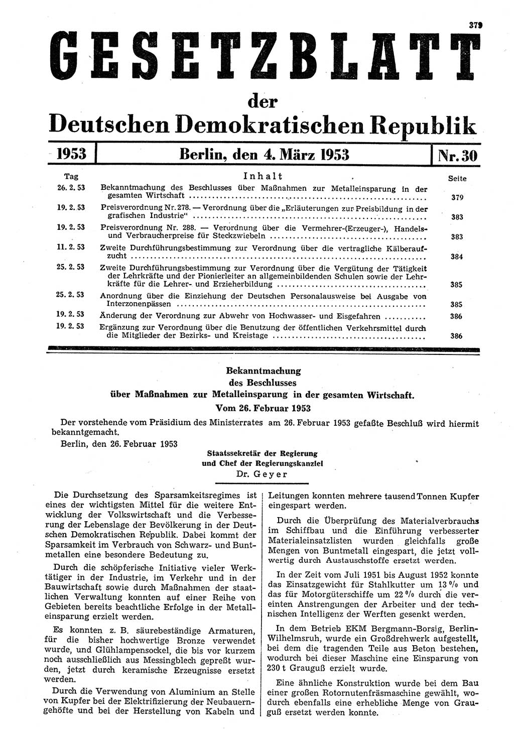 Gesetzblatt (GBl.) der Deutschen Demokratischen Republik (DDR) 1953, Seite 379 (GBl. DDR 1953, S. 379)
