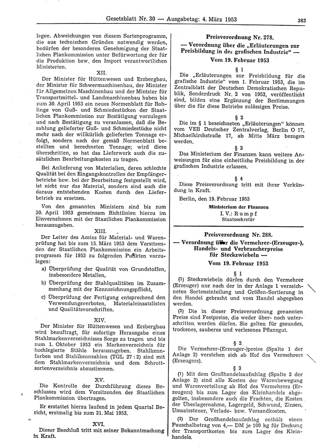 Gesetzblatt (GBl.) der Deutschen Demokratischen Republik (DDR) 1953, Seite 383 (GBl. DDR 1953, S. 383)