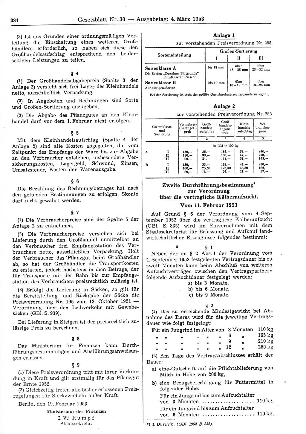 Gesetzblatt (GBl.) der Deutschen Demokratischen Republik (DDR) 1953, Seite 384 (GBl. DDR 1953, S. 384)