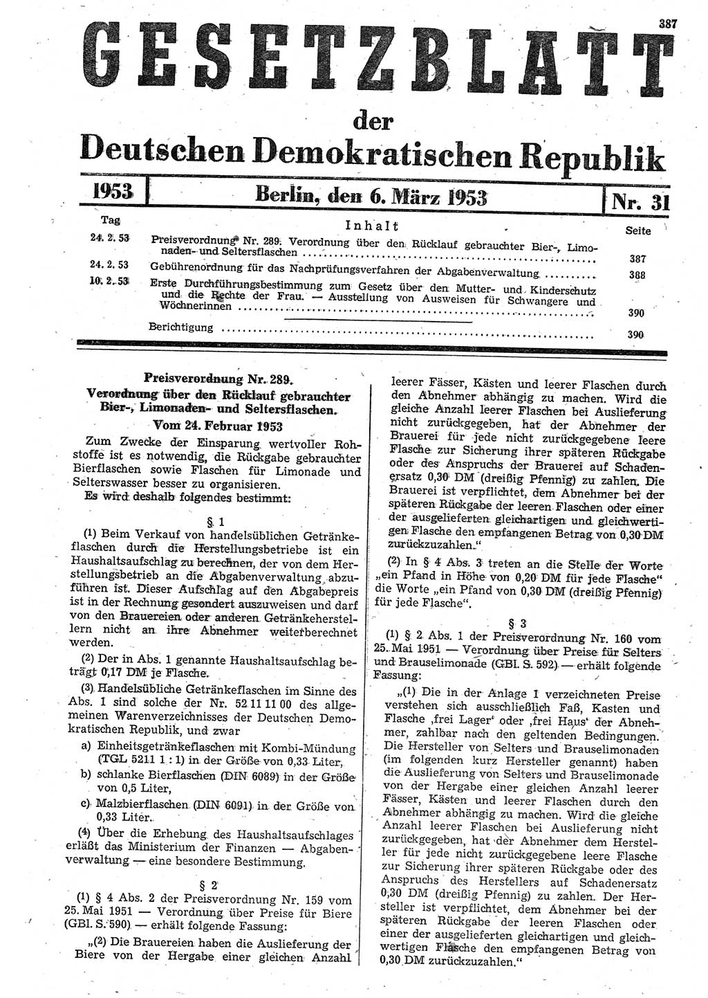 Gesetzblatt (GBl.) der Deutschen Demokratischen Republik (DDR) 1953, Seite 387 (GBl. DDR 1953, S. 387)