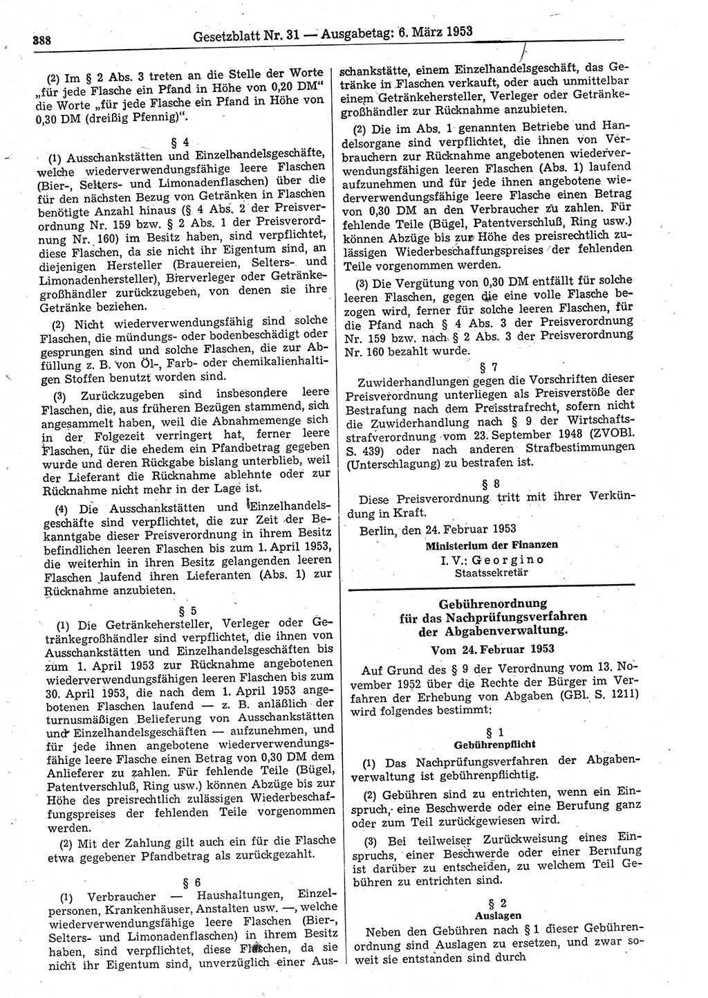 Gesetzblatt (GBl.) der Deutschen Demokratischen Republik (DDR) 1953, Seite 388 (GBl. DDR 1953, S. 388)