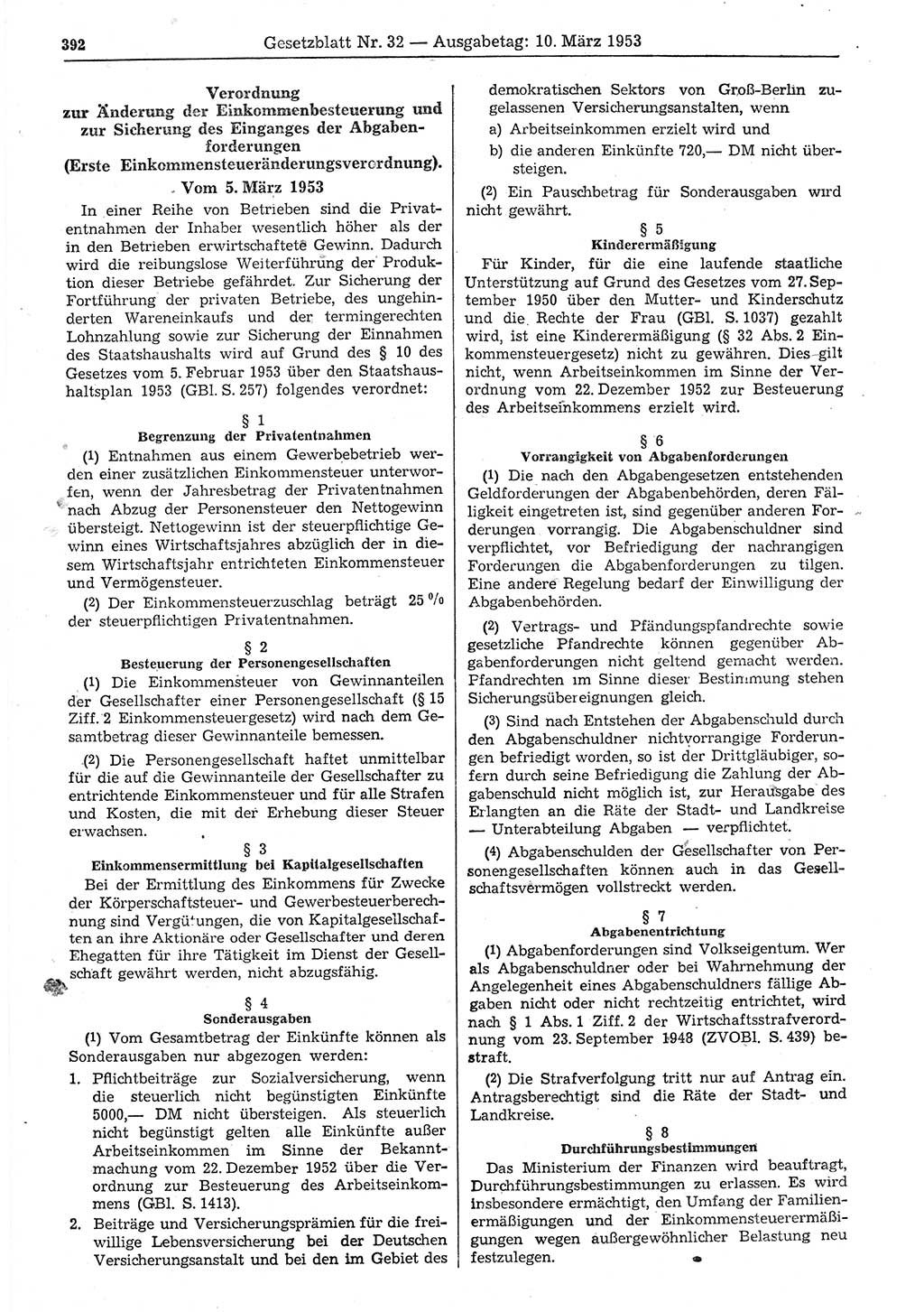 Gesetzblatt (GBl.) der Deutschen Demokratischen Republik (DDR) 1953, Seite 392 (GBl. DDR 1953, S. 392)