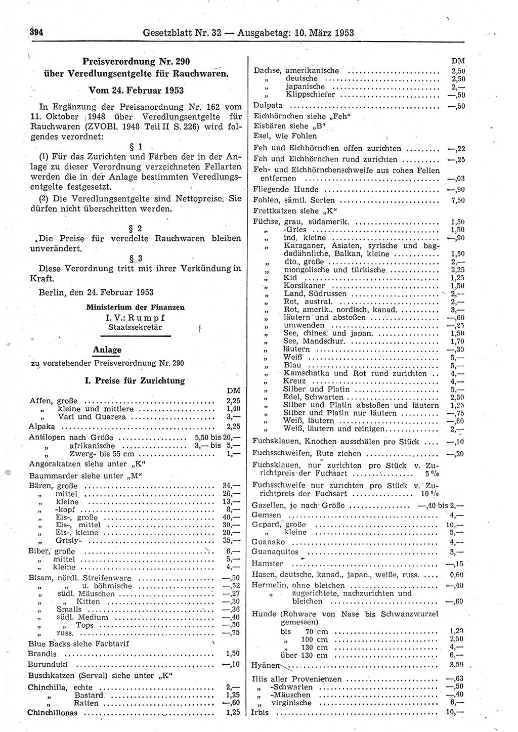 Gesetzblatt (GBl.) der Deutschen Demokratischen Republik (DDR) 1953, Seite 394 (GBl. DDR 1953, S. 394)