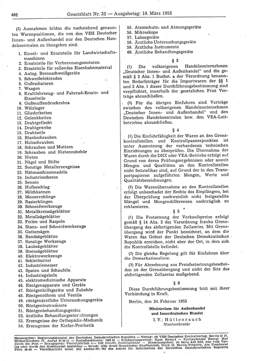 Gesetzblatt (GBl.) der Deutschen Demokratischen Republik (DDR) 1953, Seite 402 (GBl. DDR 1953, S. 402)