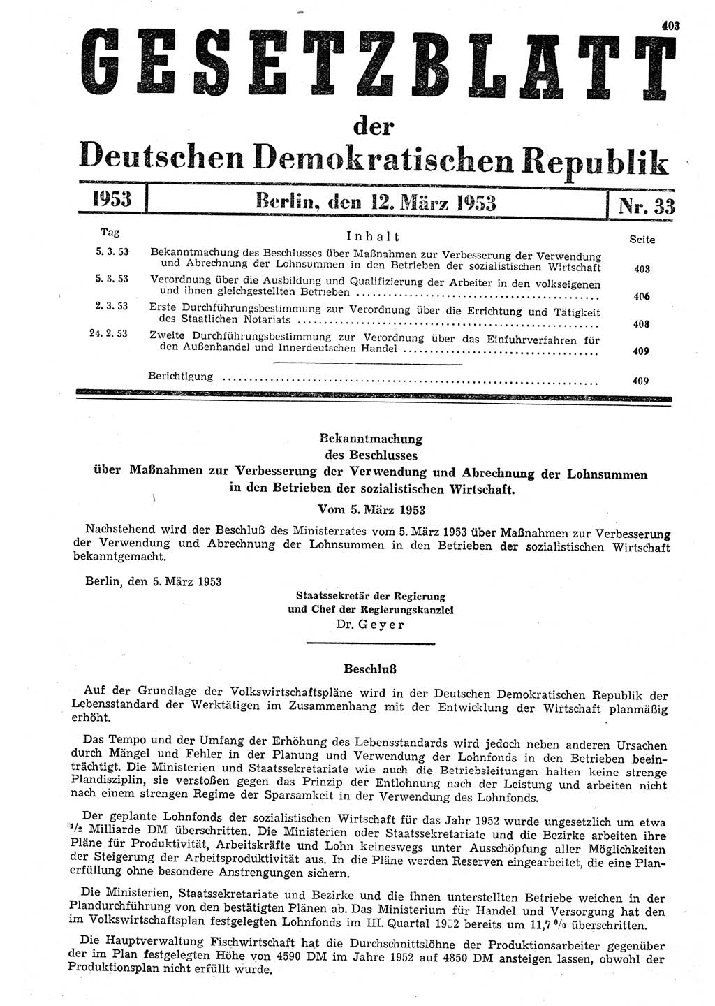 Gesetzblatt (GBl.) der Deutschen Demokratischen Republik (DDR) 1953, Seite 403 (GBl. DDR 1953, S. 403)