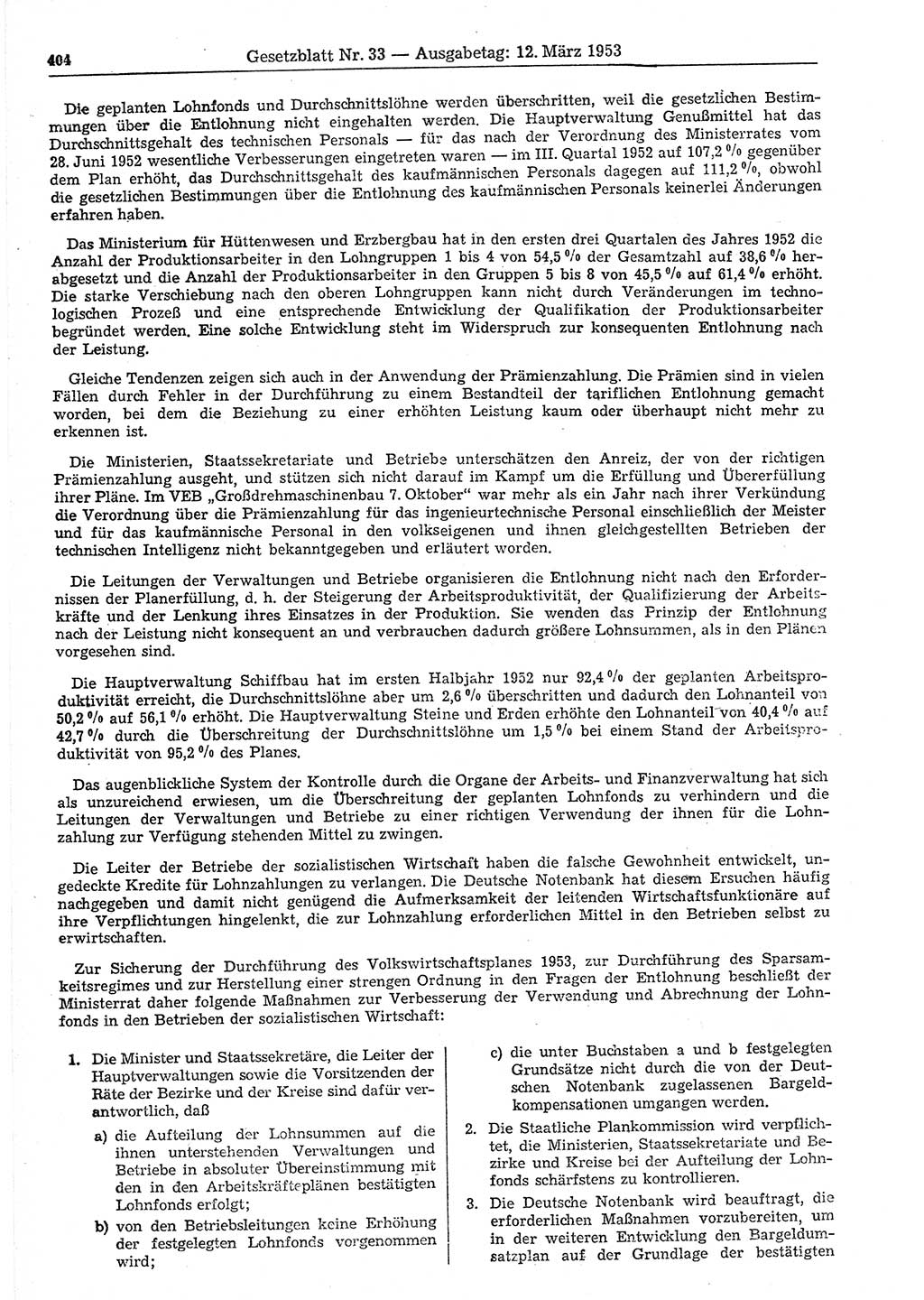 Gesetzblatt (GBl.) der Deutschen Demokratischen Republik (DDR) 1953, Seite 404 (GBl. DDR 1953, S. 404)