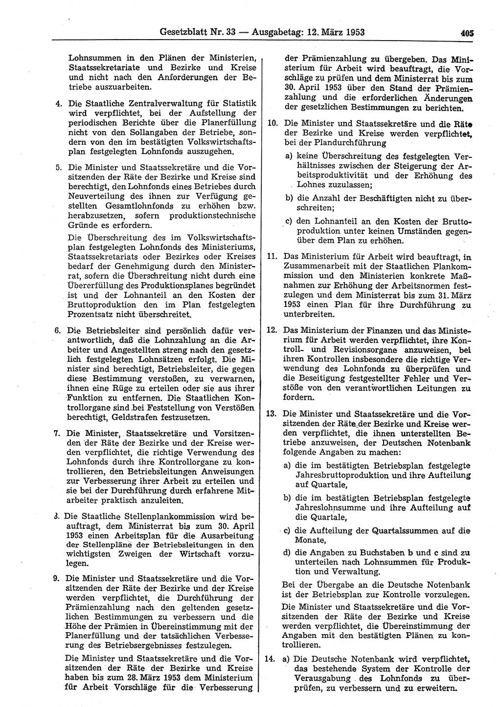 Gesetzblatt (GBl.) der Deutschen Demokratischen Republik (DDR) 1953, Seite 405 (GBl. DDR 1953, S. 405)
