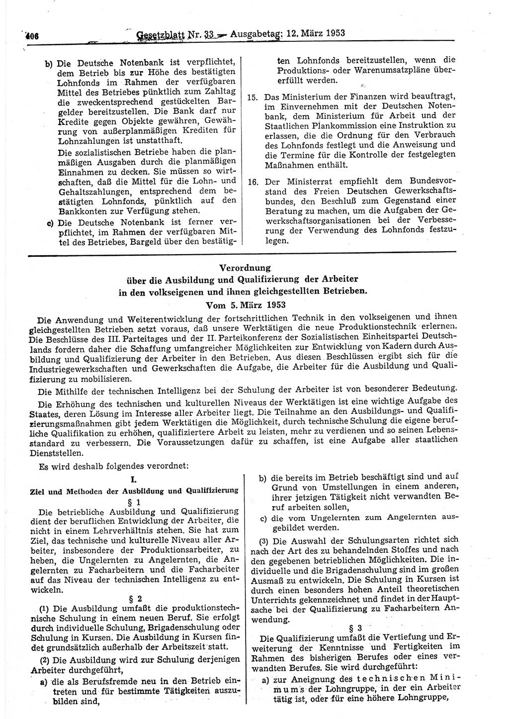 Gesetzblatt (GBl.) der Deutschen Demokratischen Republik (DDR) 1953, Seite 406 (GBl. DDR 1953, S. 406)