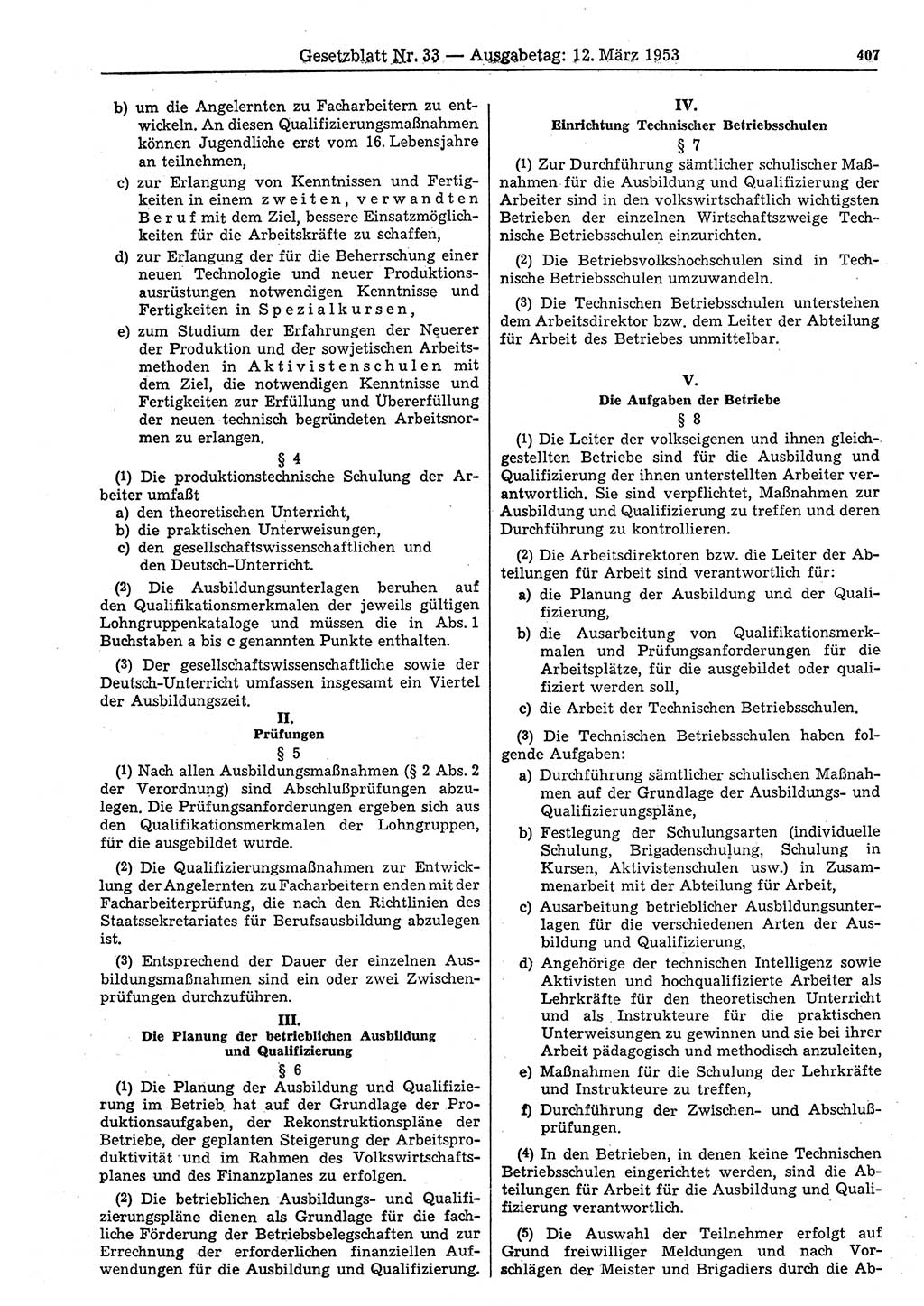 Gesetzblatt (GBl.) der Deutschen Demokratischen Republik (DDR) 1953, Seite 407 (GBl. DDR 1953, S. 407)