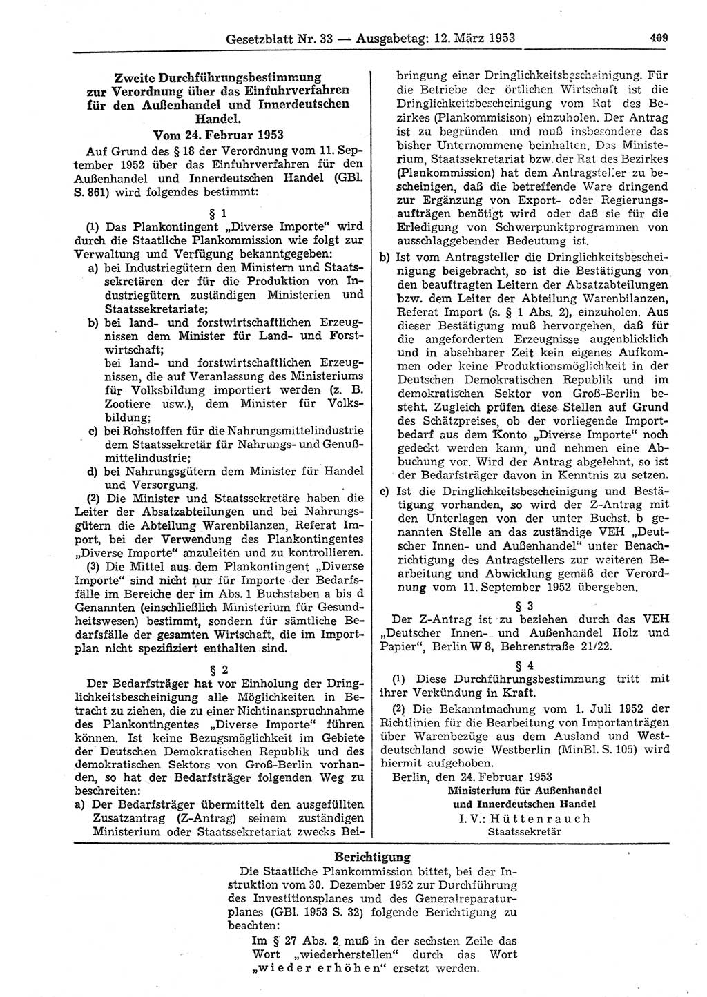 Gesetzblatt (GBl.) der Deutschen Demokratischen Republik (DDR) 1953, Seite 409 (GBl. DDR 1953, S. 409)