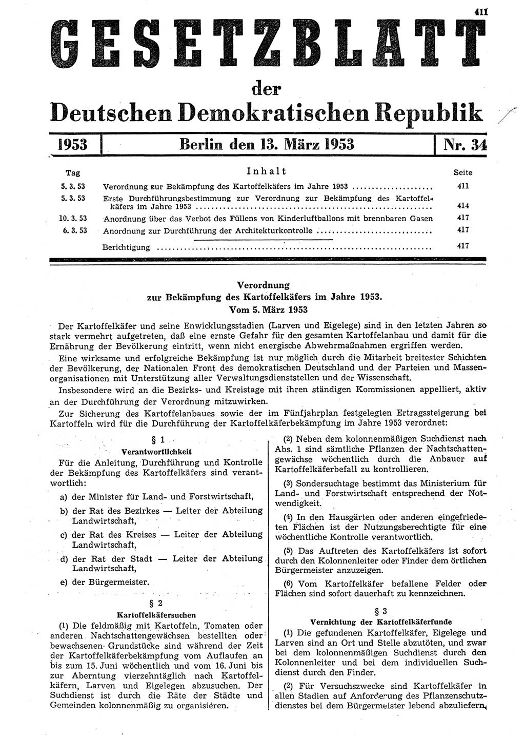 Gesetzblatt (GBl.) der Deutschen Demokratischen Republik (DDR) 1953, Seite 411 (GBl. DDR 1953, S. 411)