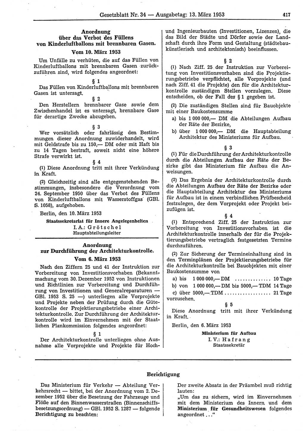 Gesetzblatt (GBl.) der Deutschen Demokratischen Republik (DDR) 1953, Seite 417 (GBl. DDR 1953, S. 417)
