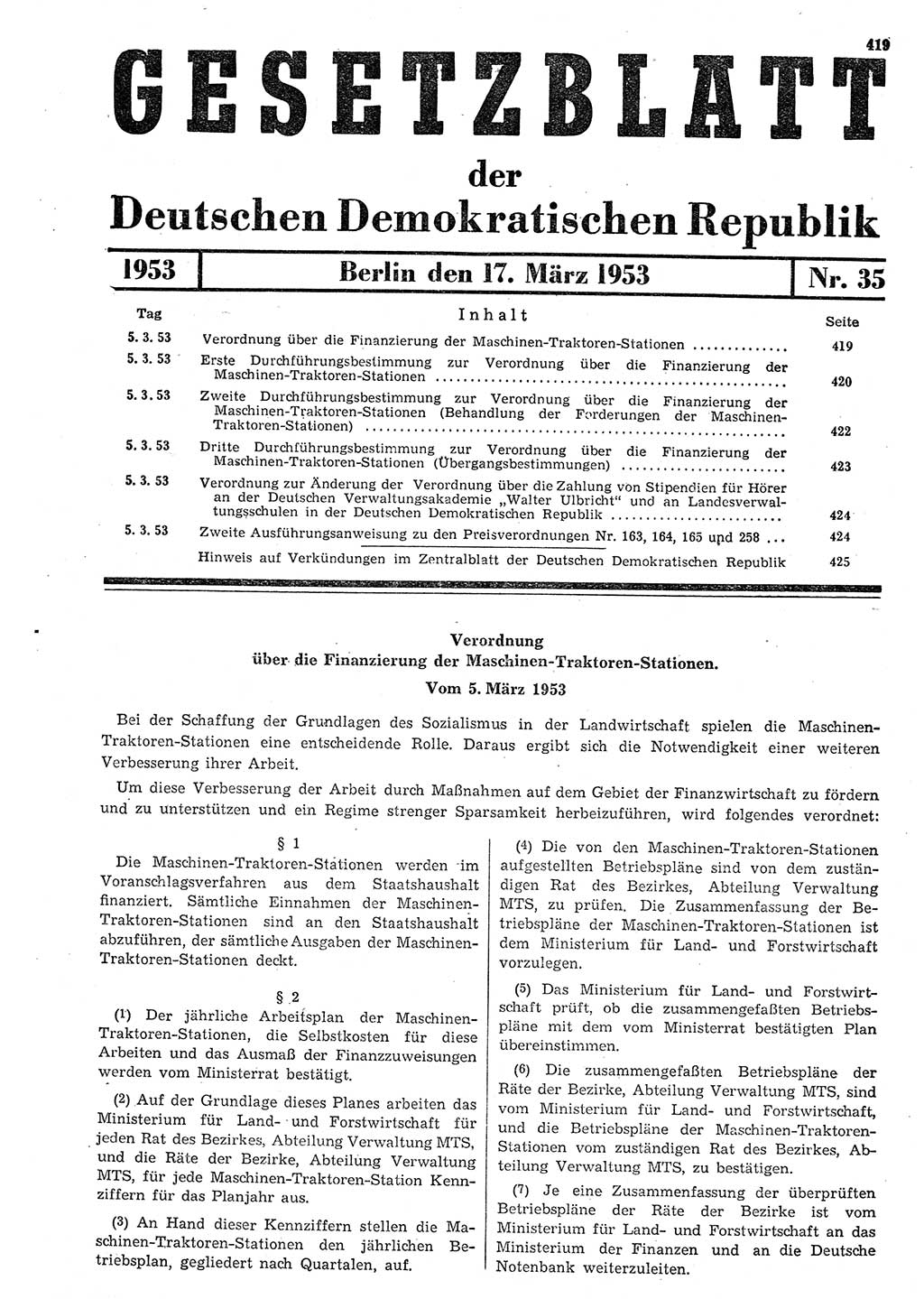 Gesetzblatt (GBl.) der Deutschen Demokratischen Republik (DDR) 1953, Seite 419 (GBl. DDR 1953, S. 419)