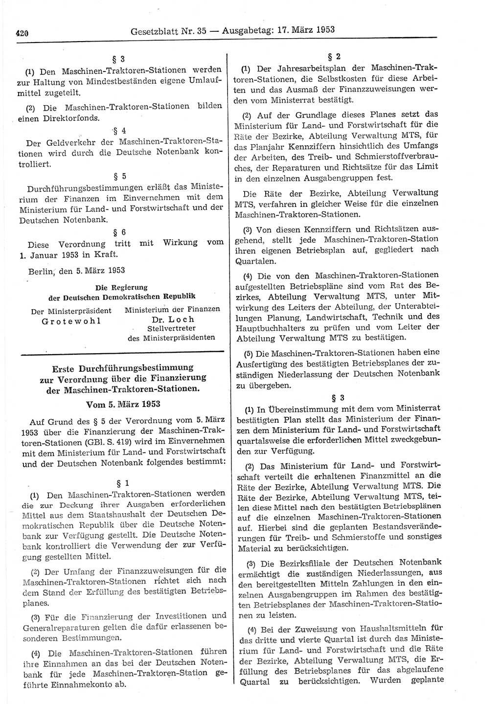 Gesetzblatt (GBl.) der Deutschen Demokratischen Republik (DDR) 1953, Seite 420 (GBl. DDR 1953, S. 420)
