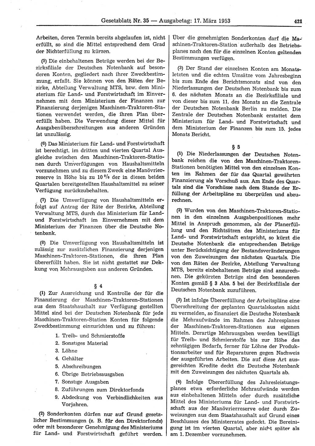 Gesetzblatt (GBl.) der Deutschen Demokratischen Republik (DDR) 1953, Seite 421 (GBl. DDR 1953, S. 421)