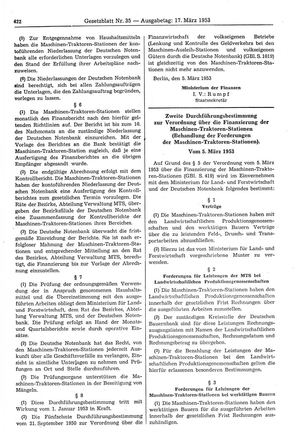 Gesetzblatt (GBl.) der Deutschen Demokratischen Republik (DDR) 1953, Seite 422 (GBl. DDR 1953, S. 422)