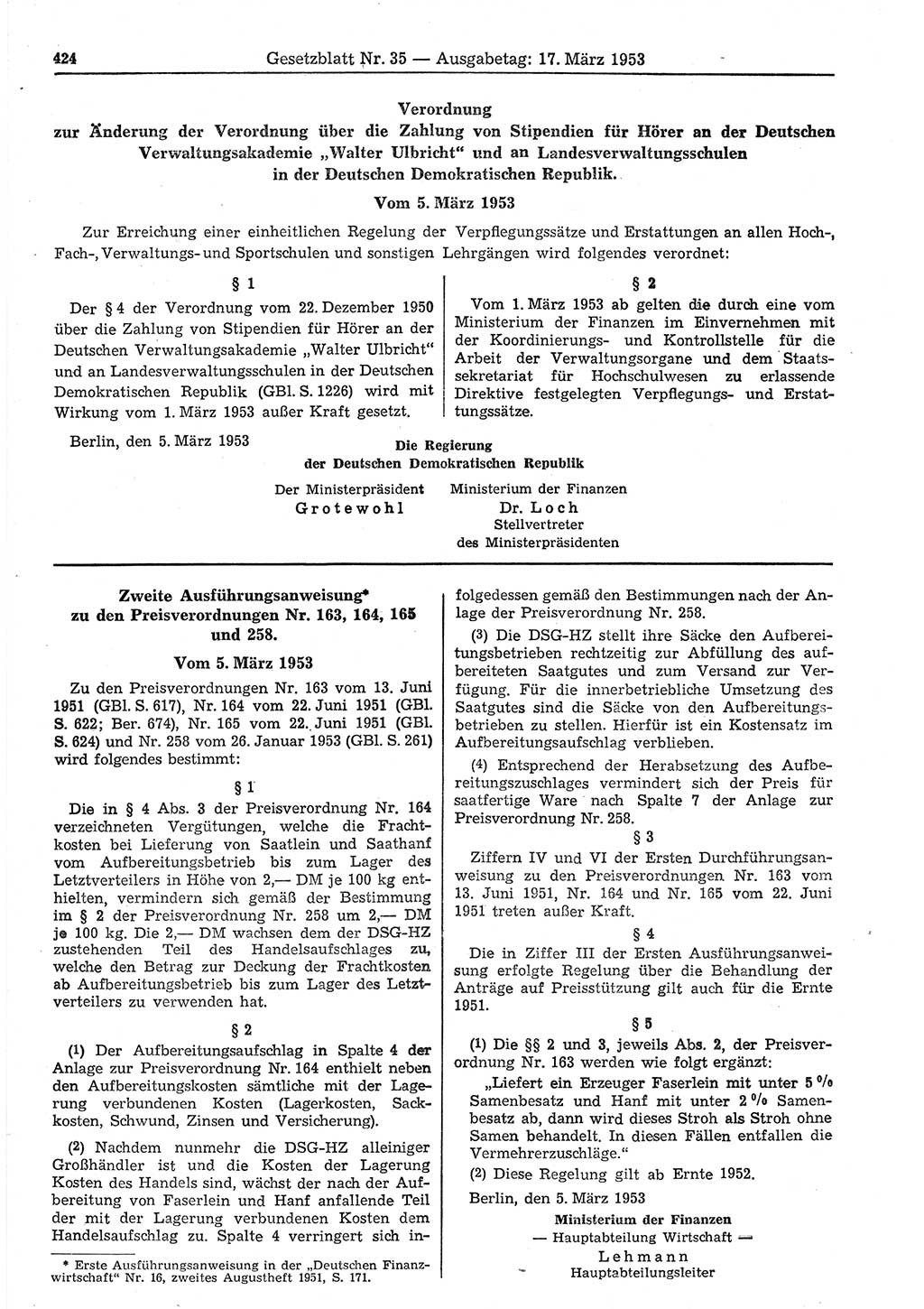 Gesetzblatt (GBl.) der Deutschen Demokratischen Republik (DDR) 1953, Seite 424 (GBl. DDR 1953, S. 424)