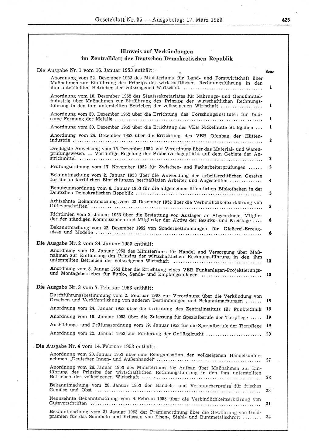 Gesetzblatt (GBl.) der Deutschen Demokratischen Republik (DDR) 1953, Seite 425 (GBl. DDR 1953, S. 425)