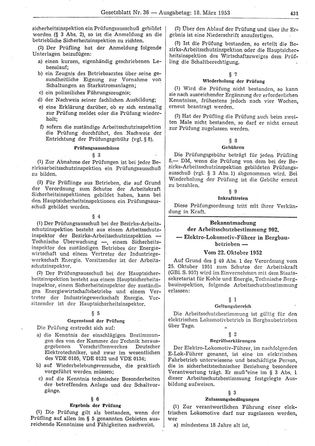 Gesetzblatt (GBl.) der Deutschen Demokratischen Republik (DDR) 1953, Seite 431 (GBl. DDR 1953, S. 431)