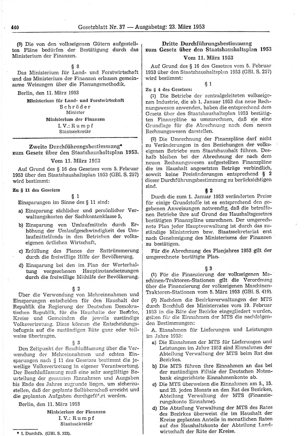 Gesetzblatt (GBl.) der Deutschen Demokratischen Republik (DDR) 1953, Seite 440 (GBl. DDR 1953, S. 440)