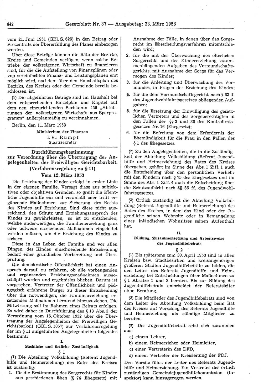 Gesetzblatt (GBl.) der Deutschen Demokratischen Republik (DDR) 1953, Seite 442 (GBl. DDR 1953, S. 442)
