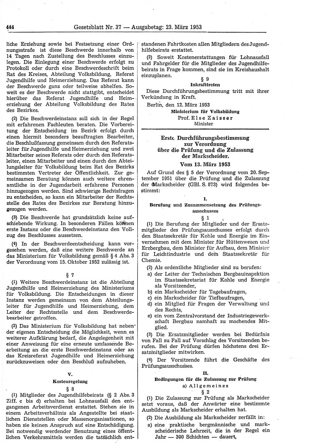 Gesetzblatt (GBl.) der Deutschen Demokratischen Republik (DDR) 1953, Seite 444 (GBl. DDR 1953, S. 444)
