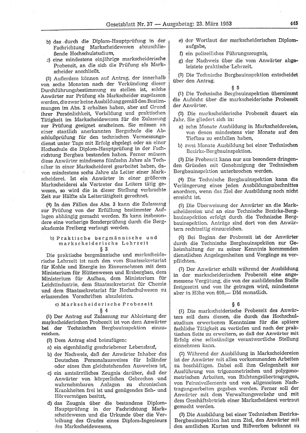 Gesetzblatt (GBl.) der Deutschen Demokratischen Republik (DDR) 1953, Seite 445 (GBl. DDR 1953, S. 445)