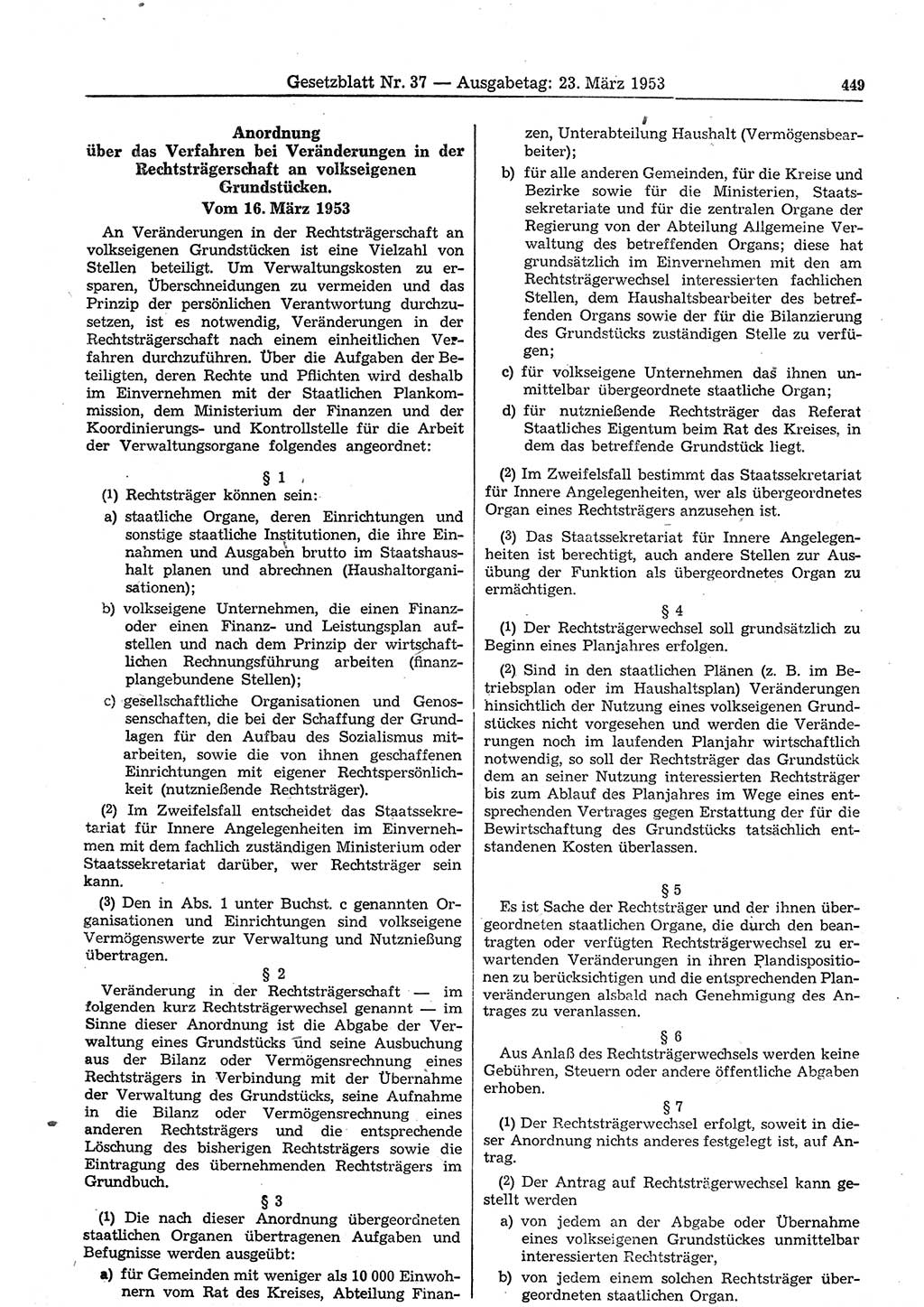 Gesetzblatt (GBl.) der Deutschen Demokratischen Republik (DDR) 1953, Seite 449 (GBl. DDR 1953, S. 449)