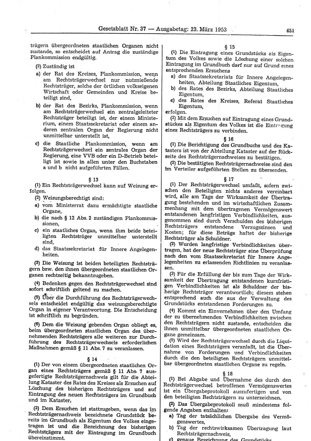 Gesetzblatt (GBl.) der Deutschen Demokratischen Republik (DDR) 1953, Seite 451 (GBl. DDR 1953, S. 451)