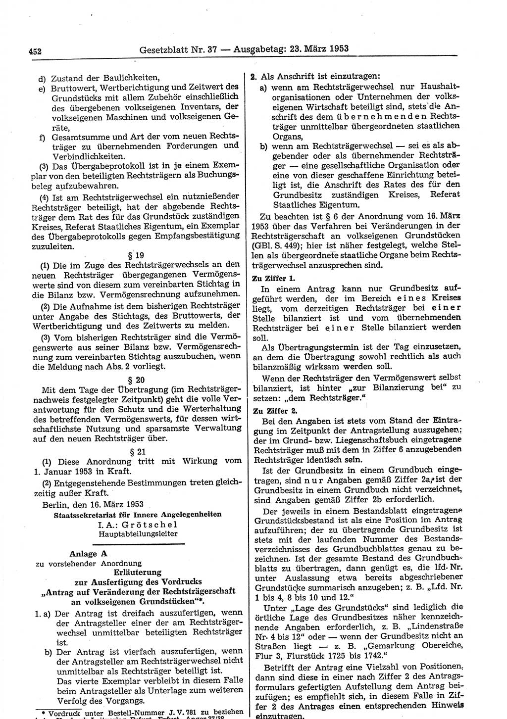 Gesetzblatt (GBl.) der Deutschen Demokratischen Republik (DDR) 1953, Seite 452 (GBl. DDR 1953, S. 452)