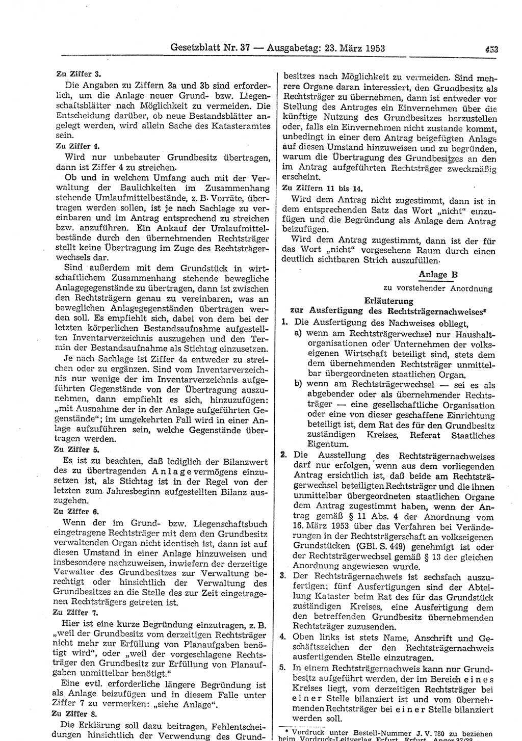 Gesetzblatt (GBl.) der Deutschen Demokratischen Republik (DDR) 1953, Seite 453 (GBl. DDR 1953, S. 453)