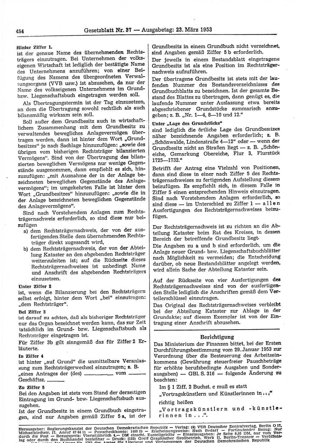 Gesetzblatt (GBl.) der Deutschen Demokratischen Republik (DDR) 1953, Seite 454 (GBl. DDR 1953, S. 454)