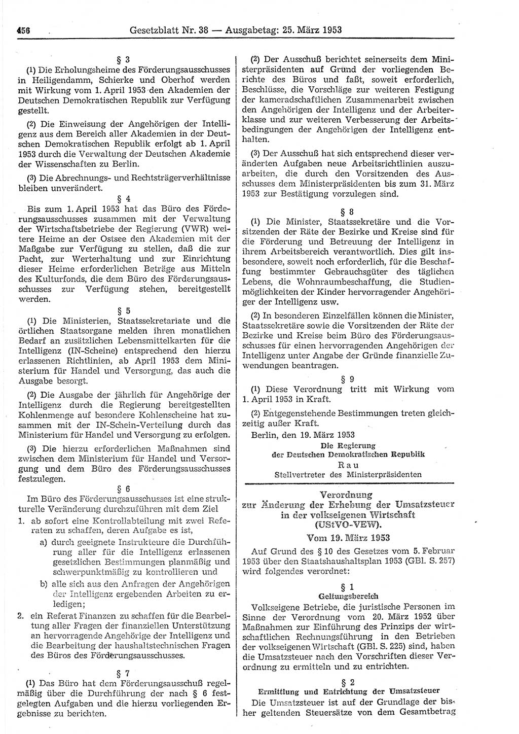 Gesetzblatt (GBl.) der Deutschen Demokratischen Republik (DDR) 1953, Seite 456 (GBl. DDR 1953, S. 456)