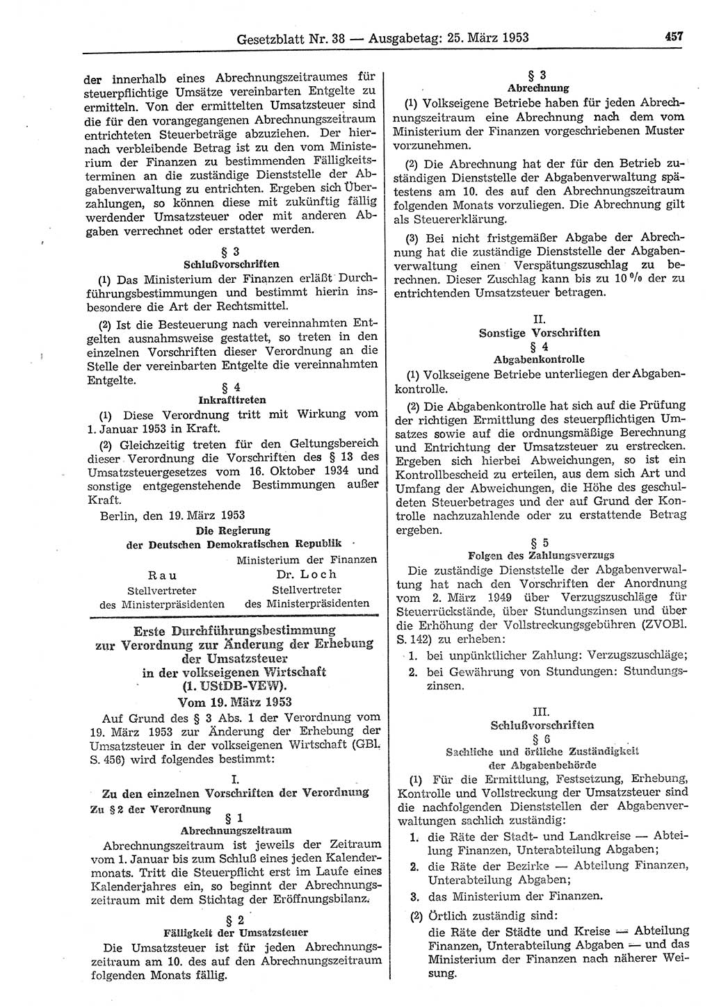 Gesetzblatt (GBl.) der Deutschen Demokratischen Republik (DDR) 1953, Seite 457 (GBl. DDR 1953, S. 457)