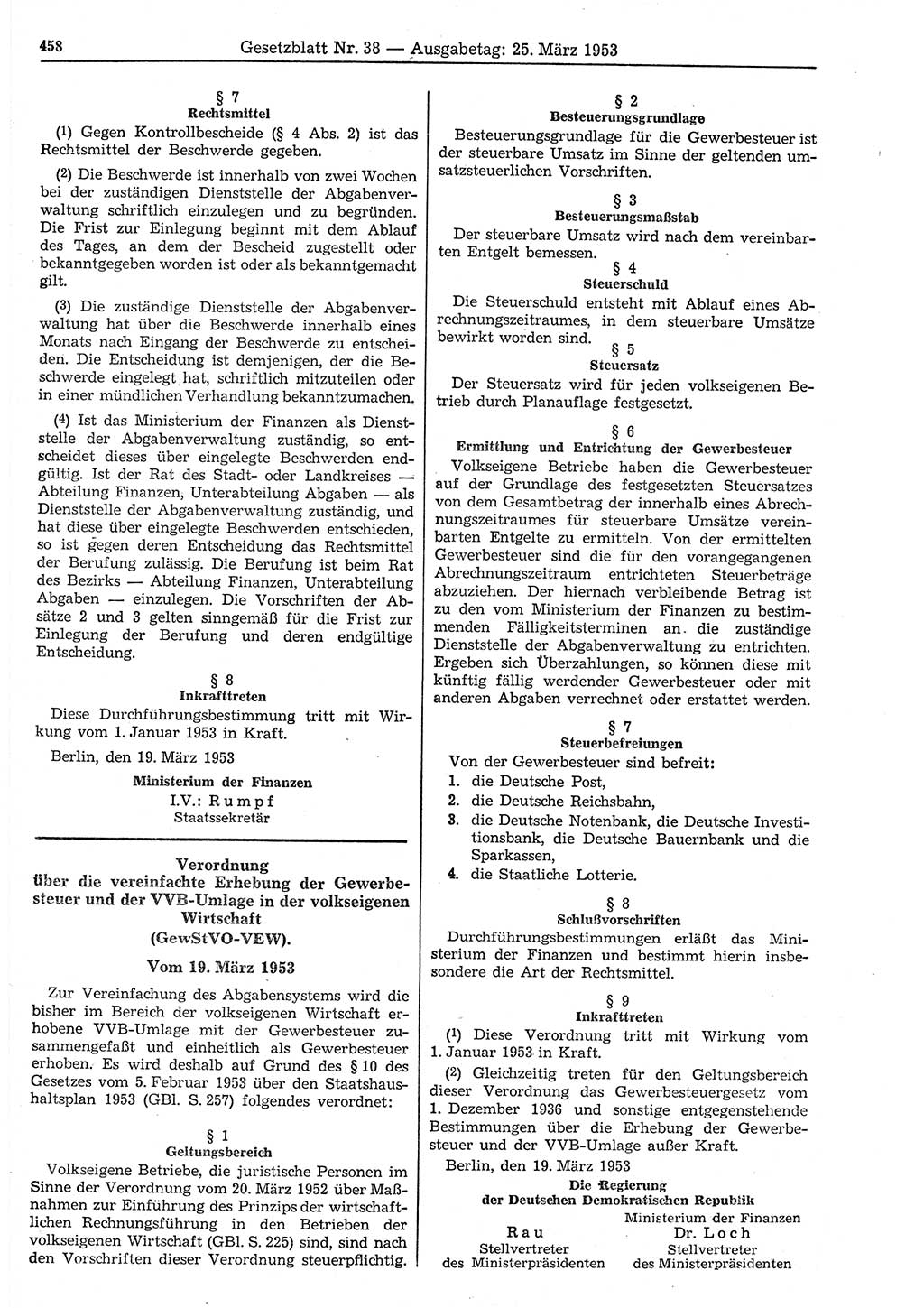 Gesetzblatt (GBl.) der Deutschen Demokratischen Republik (DDR) 1953, Seite 458 (GBl. DDR 1953, S. 458)