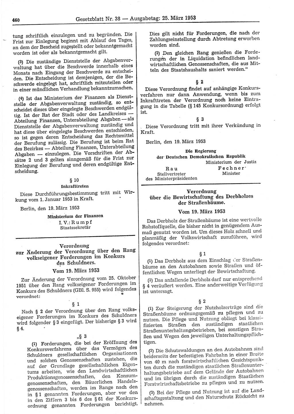 Gesetzblatt (GBl.) der Deutschen Demokratischen Republik (DDR) 1953, Seite 460 (GBl. DDR 1953, S. 460)