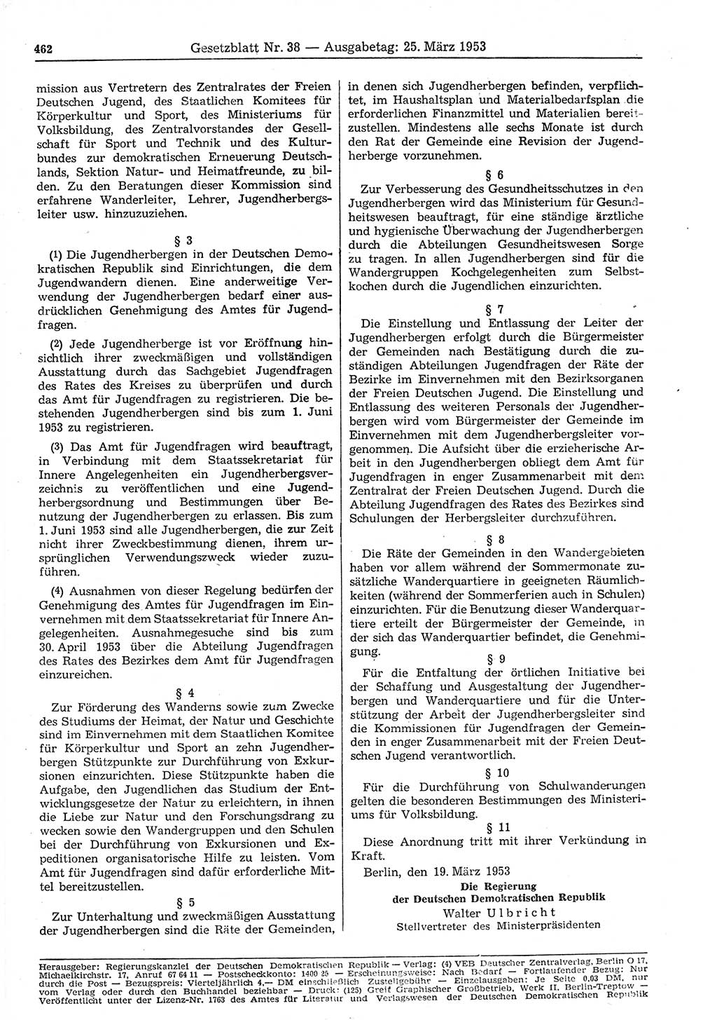 Gesetzblatt (GBl.) der Deutschen Demokratischen Republik (DDR) 1953, Seite 462 (GBl. DDR 1953, S. 462)