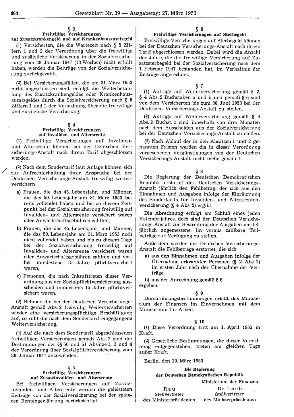 Gesetzblatt (GBl.) der Deutschen Demokratischen Republik (DDR) 1953, Seite 464 (GBl. DDR 1953, S. 464)