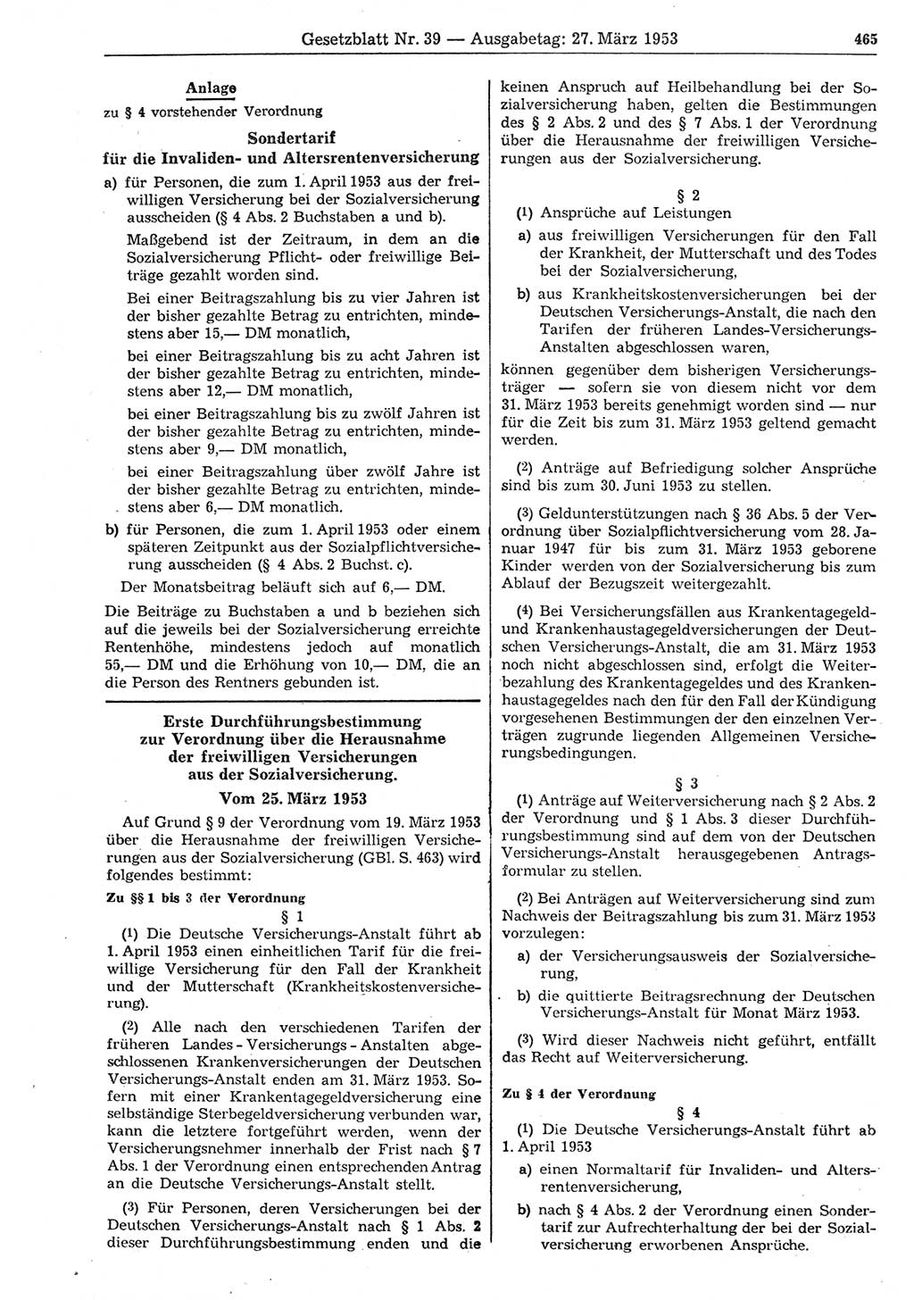 Gesetzblatt (GBl.) der Deutschen Demokratischen Republik (DDR) 1953, Seite 465 (GBl. DDR 1953, S. 465)