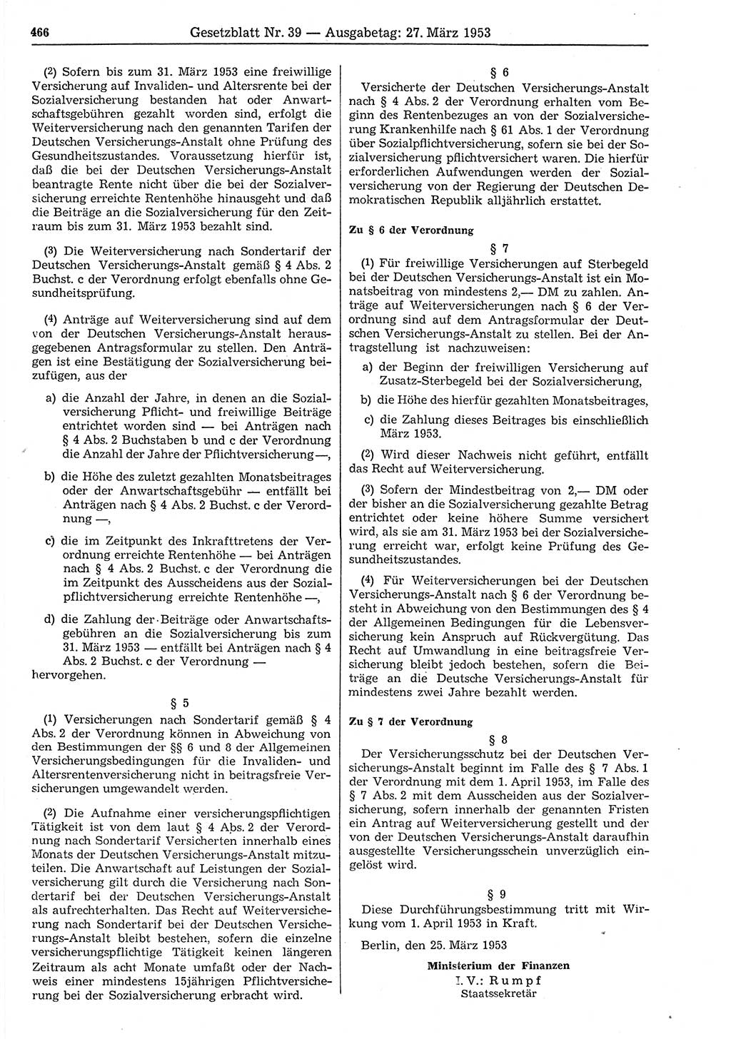 Gesetzblatt (GBl.) der Deutschen Demokratischen Republik (DDR) 1953, Seite 466 (GBl. DDR 1953, S. 466)