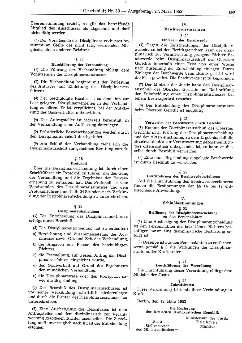Gesetzblatt (GBl.) der Deutschen Demokratischen Republik (DDR) 1953, Seite 469 (GBl. DDR 1953, S. 469)