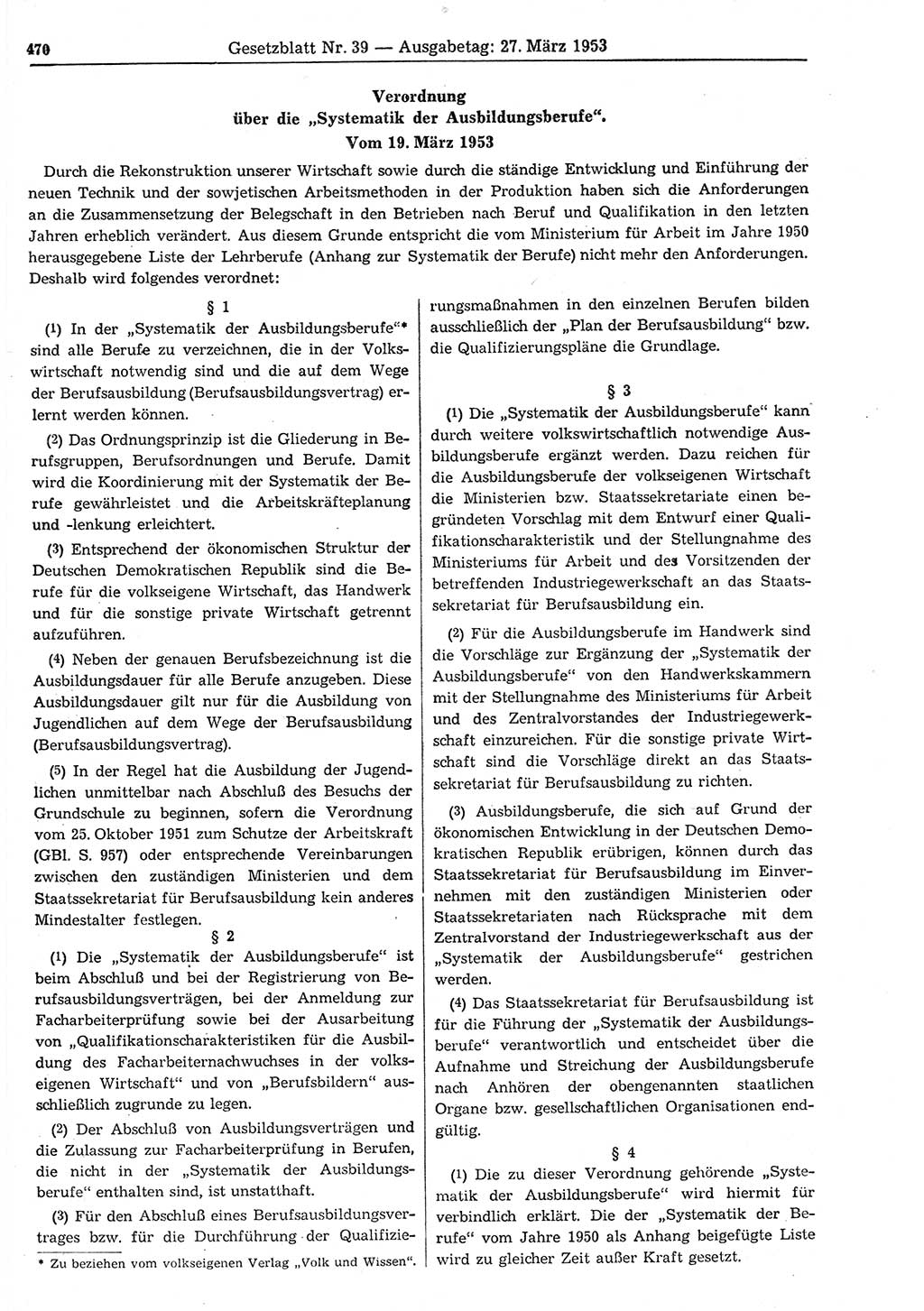 Gesetzblatt (GBl.) der Deutschen Demokratischen Republik (DDR) 1953, Seite 470 (GBl. DDR 1953, S. 470)