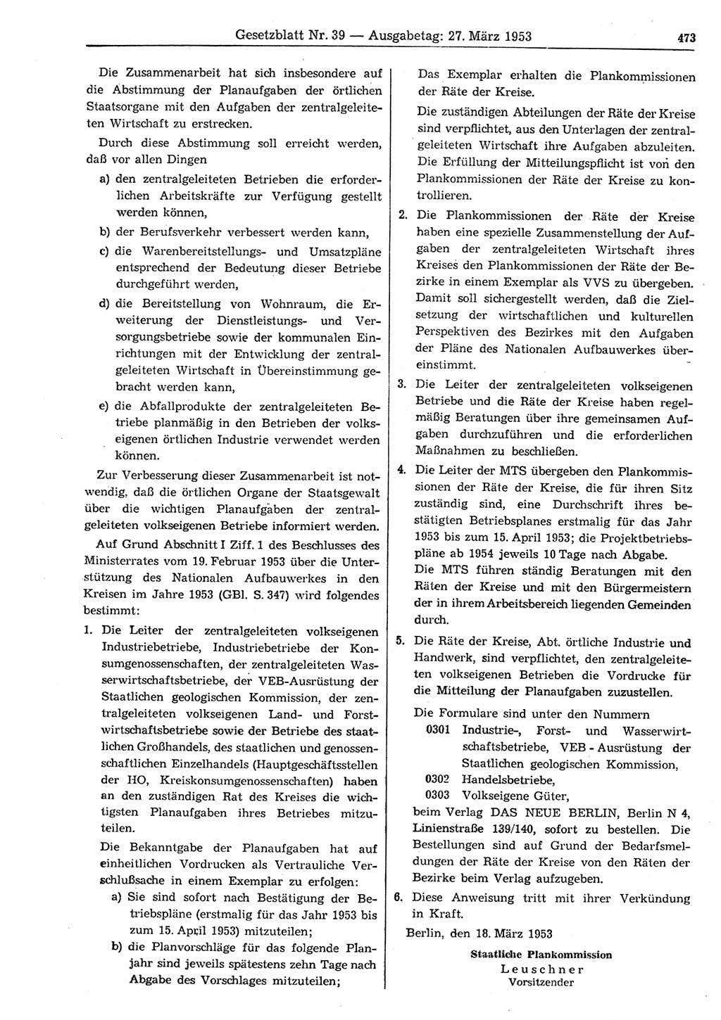 Gesetzblatt (GBl.) der Deutschen Demokratischen Republik (DDR) 1953, Seite 473 (GBl. DDR 1953, S. 473)