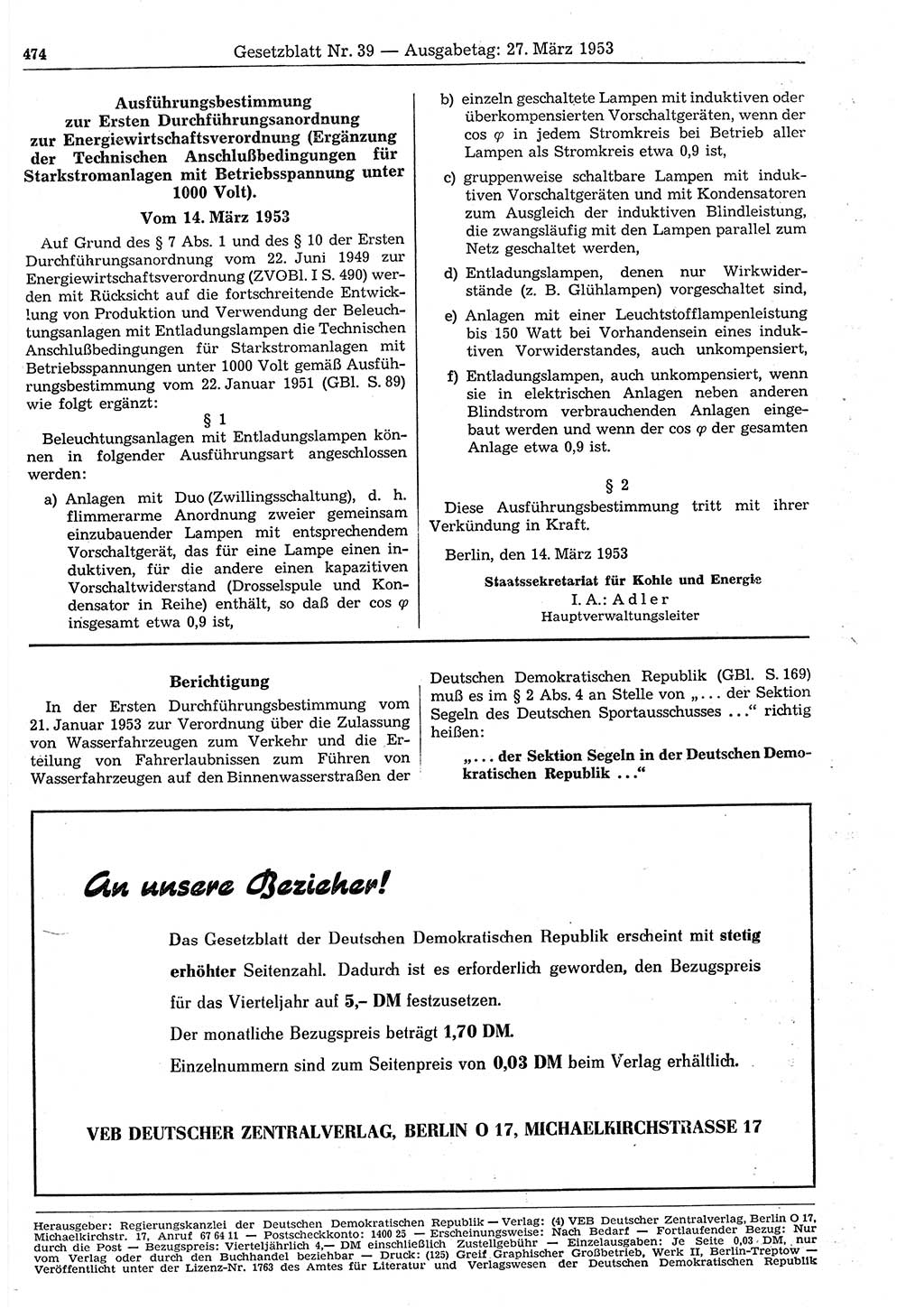 Gesetzblatt (GBl.) der Deutschen Demokratischen Republik (DDR) 1953, Seite 474 (GBl. DDR 1953, S. 474)
