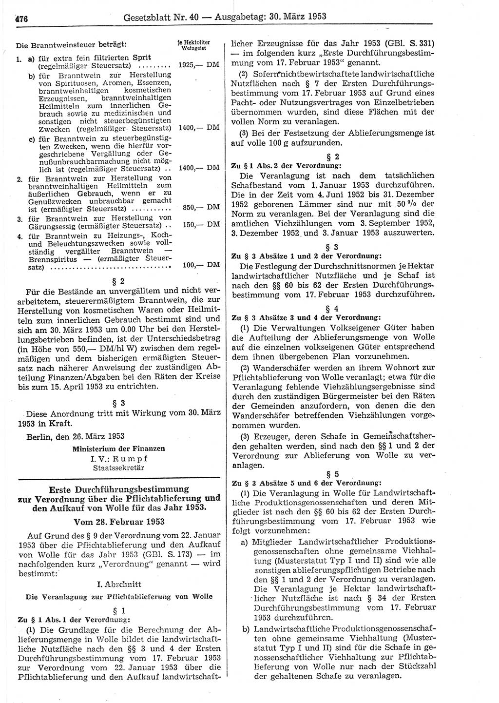 Gesetzblatt (GBl.) der Deutschen Demokratischen Republik (DDR) 1953, Seite 476 (GBl. DDR 1953, S. 476)