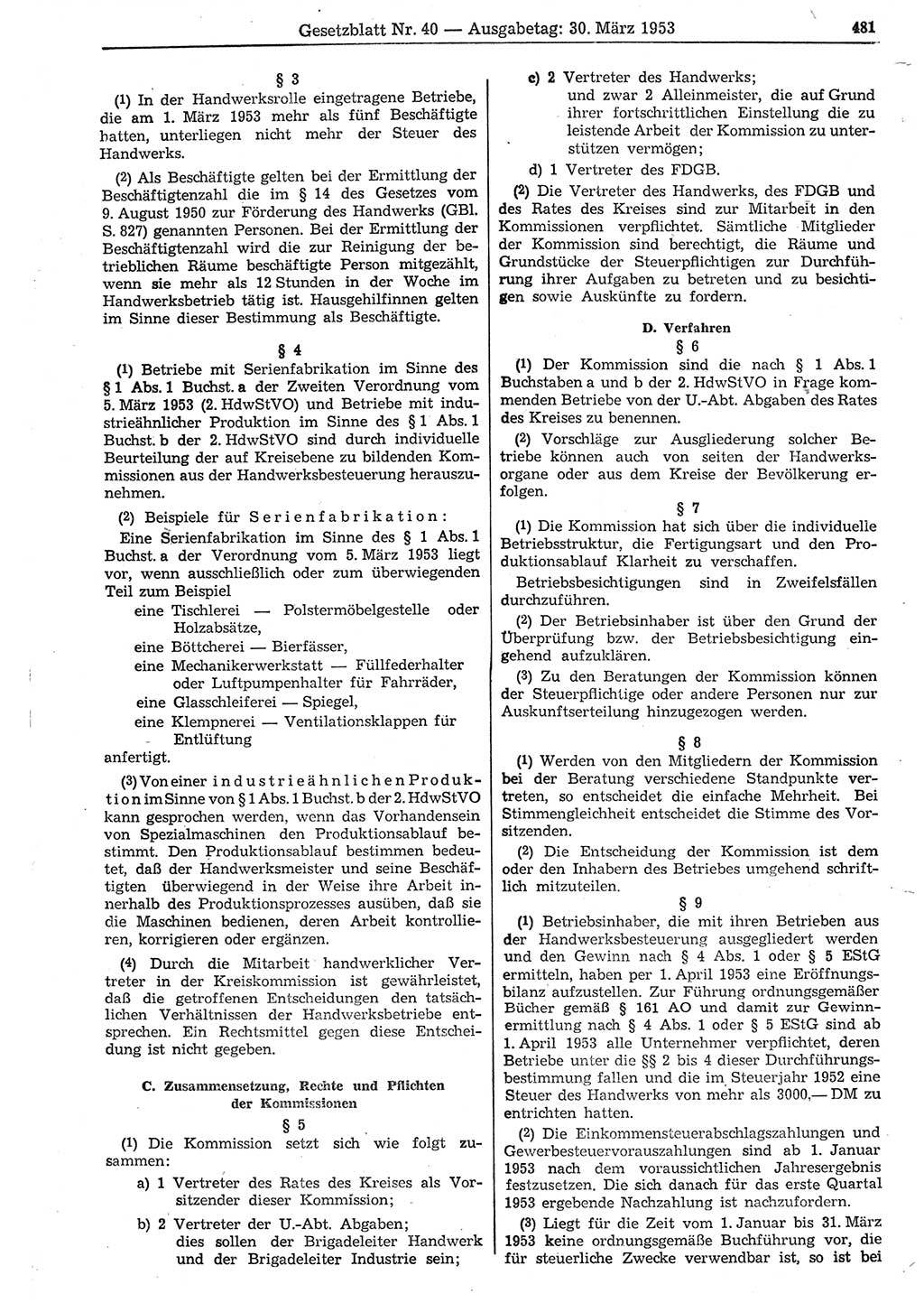 Gesetzblatt (GBl.) der Deutschen Demokratischen Republik (DDR) 1953, Seite 481 (GBl. DDR 1953, S. 481)