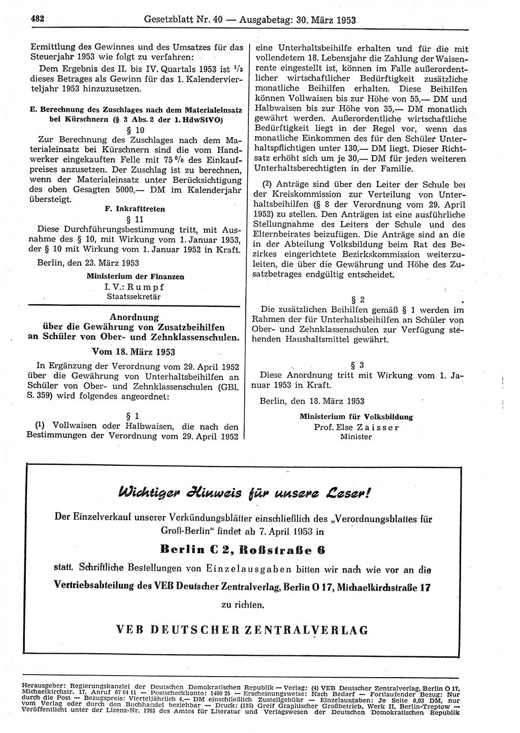 Gesetzblatt (GBl.) der Deutschen Demokratischen Republik (DDR) 1953, Seite 482 (GBl. DDR 1953, S. 482)