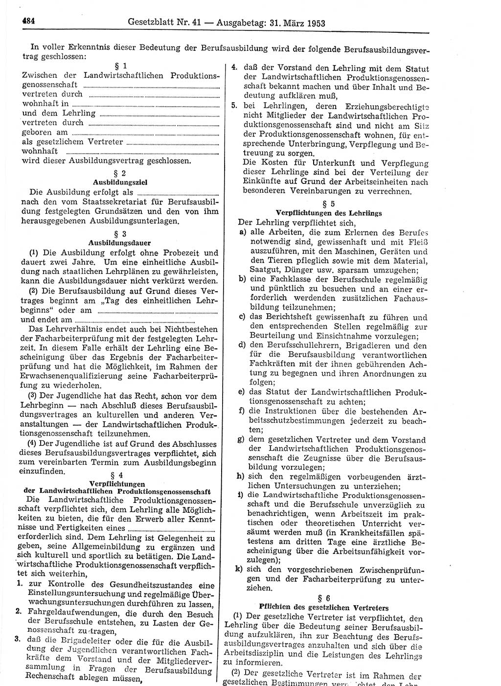 Gesetzblatt (GBl.) der Deutschen Demokratischen Republik (DDR) 1953, Seite 484 (GBl. DDR 1953, S. 484)